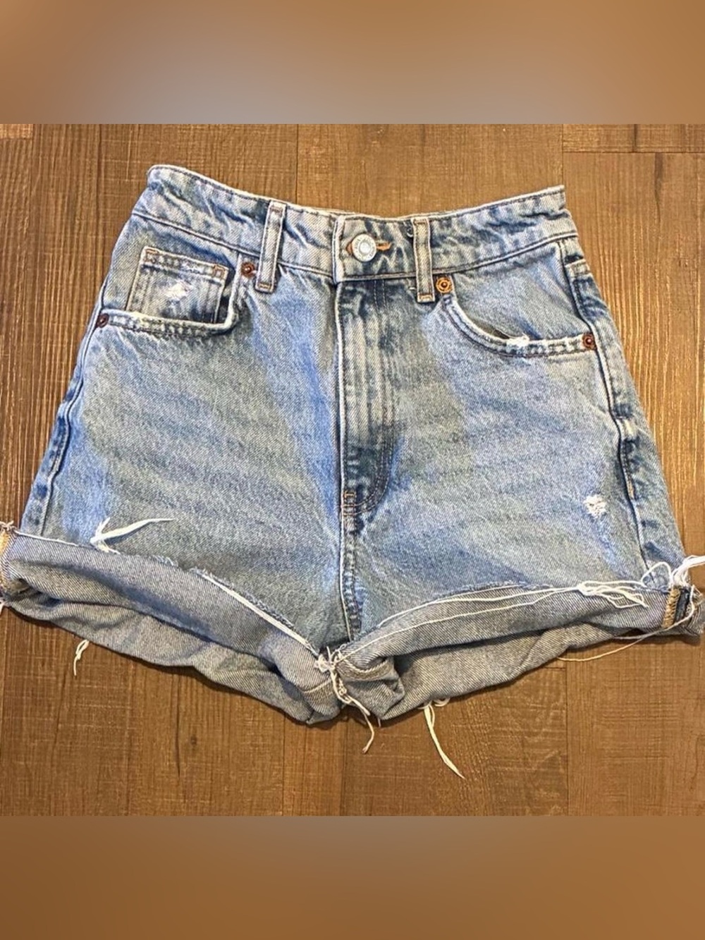 Zara Light Blue High-Waist Rolled Hem Denim Shorts